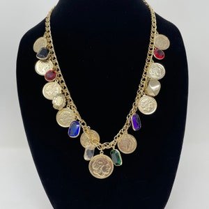 Vintage Gold Tone Coin Charm Necklace: Multi-Color Jewel Dangles