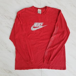 Vintage Red Nike Long Sleeve Large Silve Tag Logo Spell Out Check Mark Shirt