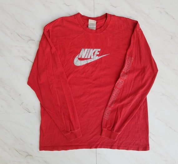 FearlessPlatinumWear Vintage Red Nike Long Sleeve Large Silve Tag Logo Spell Out Check Mark Shirt