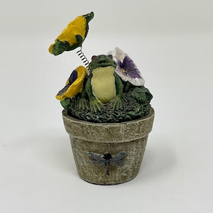 Vintage Frosch Schmuckhalter: Cottagecore Stash Box mit Frühlingsblumen Deckel