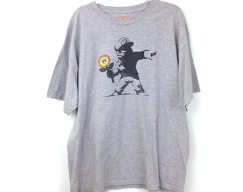 Vintage Y2k Super Mario Graphic Crewneck Tee, Busted Tees Throwing the Flower Gamer Gray Graphic T Shirt