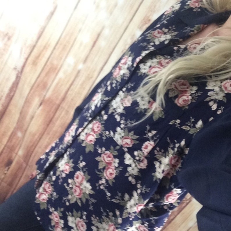 Vintage 90s Multicolored Floral Print Blouse with Solid Blue Long Sleeve Button Up Shirt