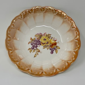 Vintage Homer Laughlin Round Serving Dish Bowl Orange Trim Iridescent White Fruits Design Made in the USA 1930