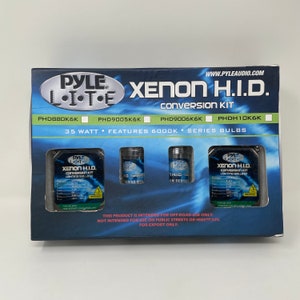 May include: A Pyle Xenon H.I.D. Conversion Kit in a blue and black box. The box includes the text "Xenon H.I.D. Conversion Kit" and "35 Watt Features 6000K Series Bulbs". The kit contains lighting ballast and series bulbs.