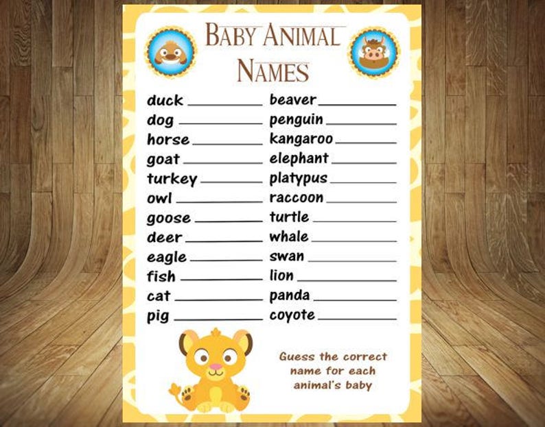Lion King Baby Animal Names Lion King Baby Shower Game Lion Etsy Lion King Baby Animal Names Lion King Baby Shower Game Lion Etsy