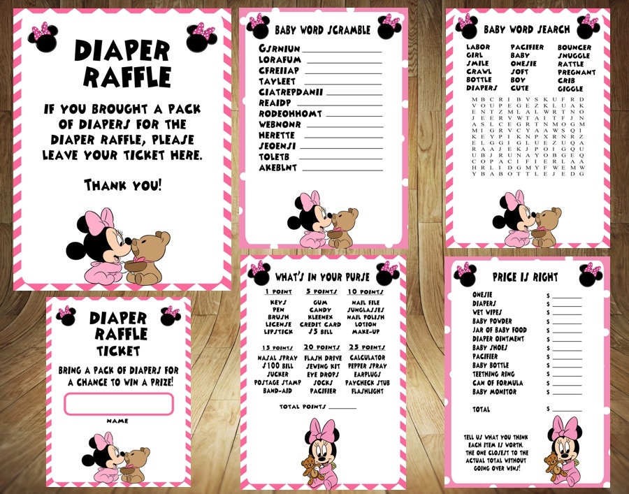 50 Off Minnie Mouse Baby Shower Games Minnie Mouse Baby Shower Minnie Mouse Diaper Raffle Minnie Baby Shower Game Minnie Shower Bundle