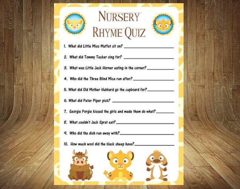 Lion King Nursery Rhyme Quiz Lion King Baby Shower Game Lion | Etsy