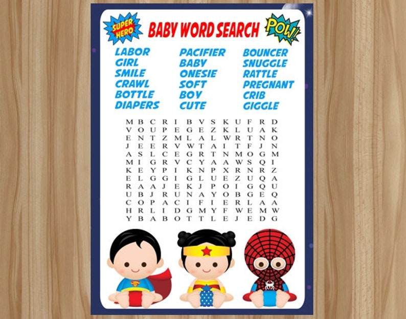 Superhero Word Search Superhero Baby Shower Game Superheroes | Etsy