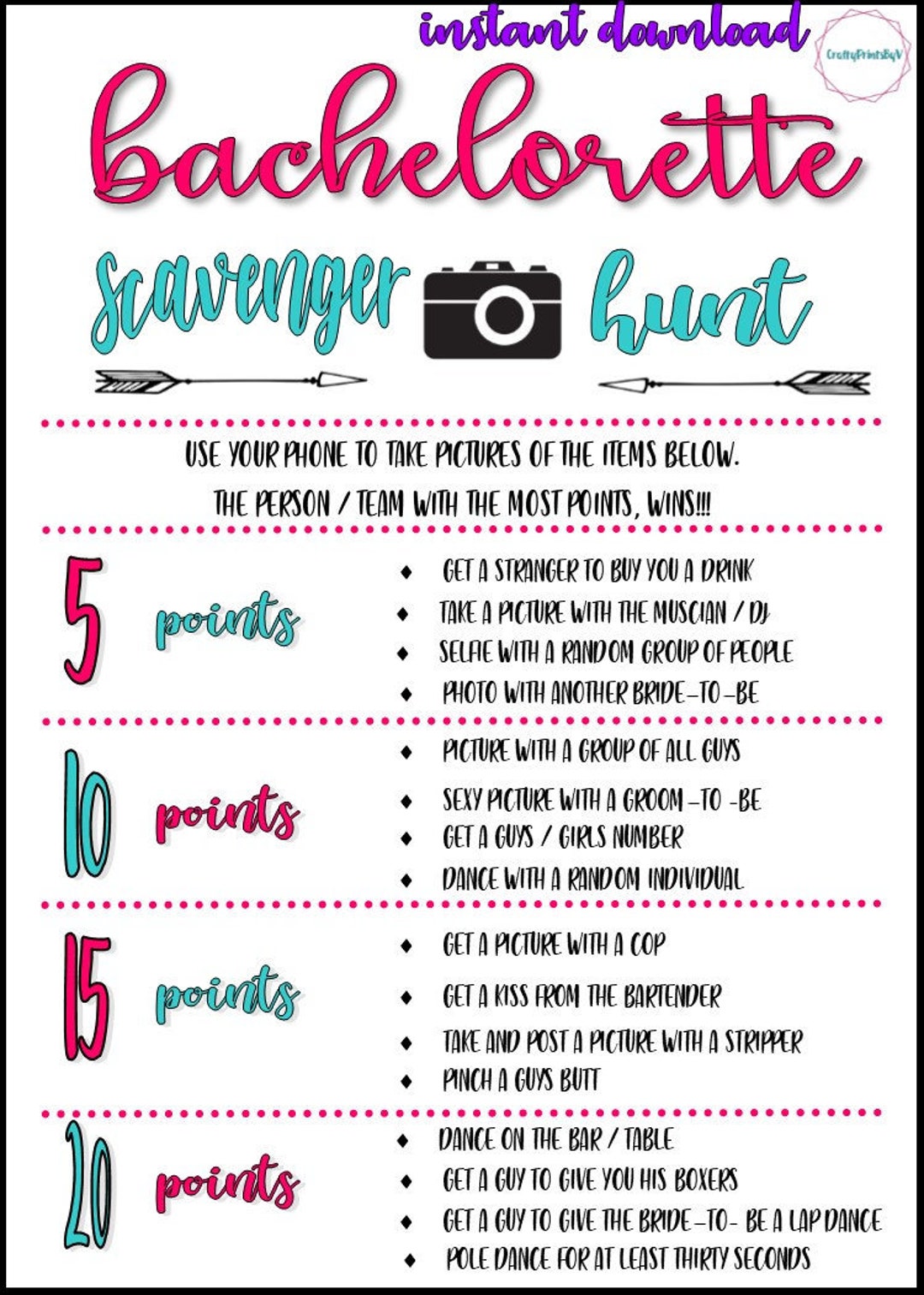 Bachelorette Party Scavenger Hunt, Printable - Etsy