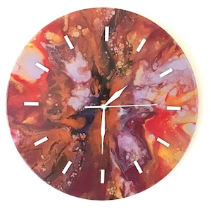 Silent wall clock without ticking, red design, hand-painted, epoxy resin, gift idea, original, painting, 38 cm diameter