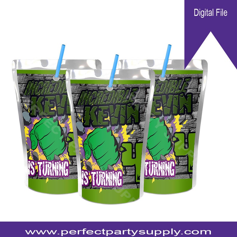 Incredible Hero Birthday Juice Pouch digital file-Hulk Inspired Juice Label-Green Hero Birthday ...