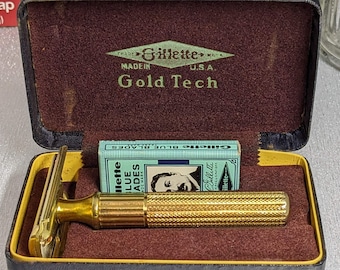 1940s Gillette Fat Handle Gold Tech Vintage Safety Razor Set in Case