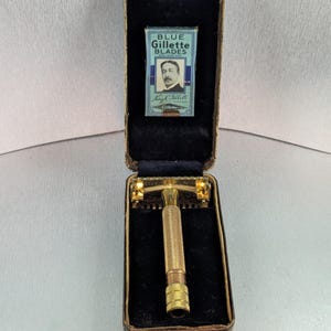 1937 Gillette Gold Sheraton Open Comb TTO Vintage Safety Razor Set in Case With Blades