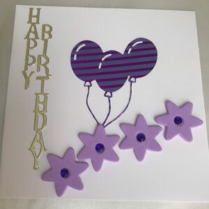 Biglietto di compleanno, biglietto di auguri, biglietto viola, biglietto palloncino