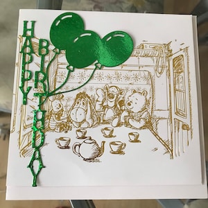 Tarjeta de cumpleaños, tarjeta de felicitación, Christopher Robin, tarjeta de Disney, lechón, tarjeta de oro, tarjeta hecha a mano, tarjeta de globos