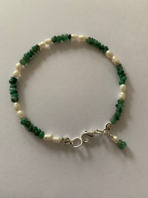 Emerald Pearl 925 Silver 4mm Custom Handmade Bracelet Gift for