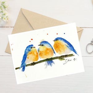 Triple Blue Bird Blank Card - Note Card- No FADE
