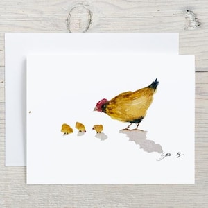 鶏小屋の動物と3羽のひよこ 水彩画