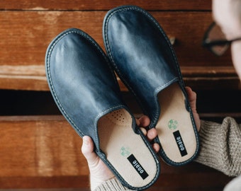 Dark Blue Leather Slippers