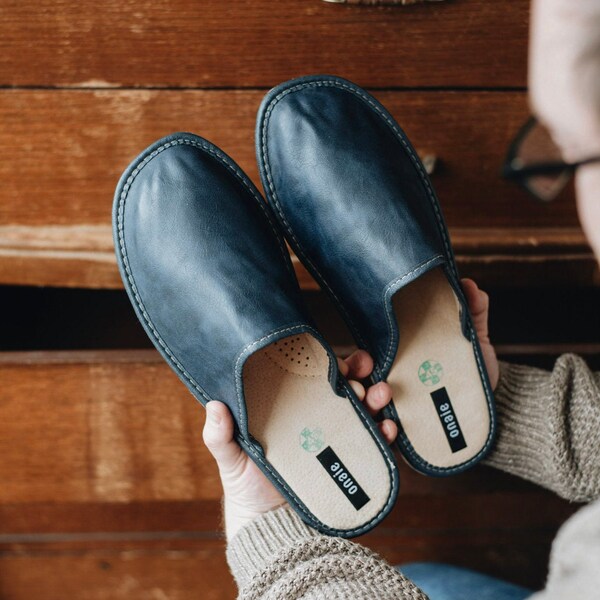 Dark Blue Leather Slippers