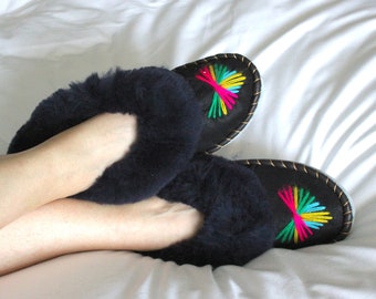 Lucky Dip Dark Fur Embroidered Sheepskin Slippers