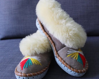 embroidered sheepskin moccasin slippers