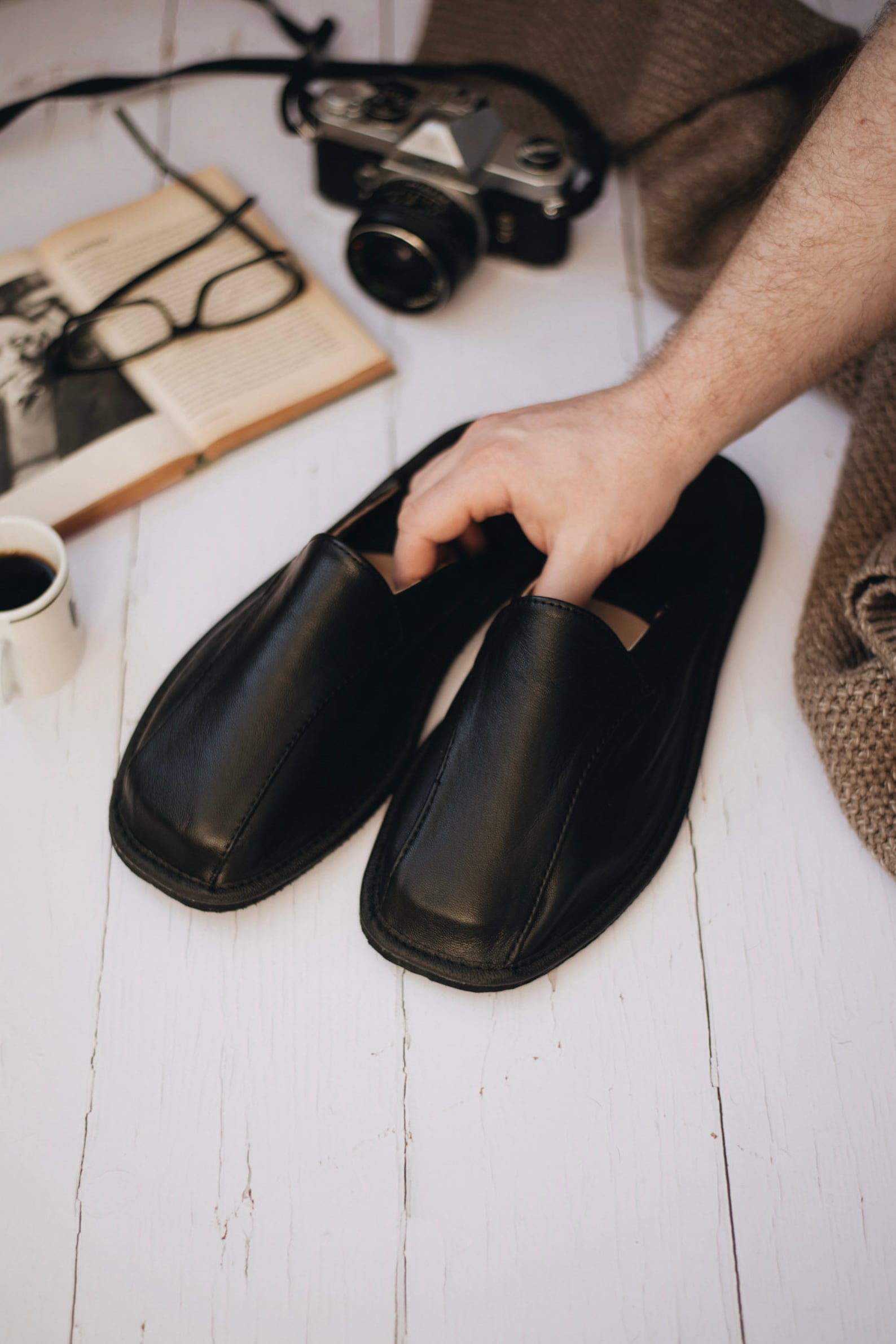 Men's Black Leather Slippers Etsy UK