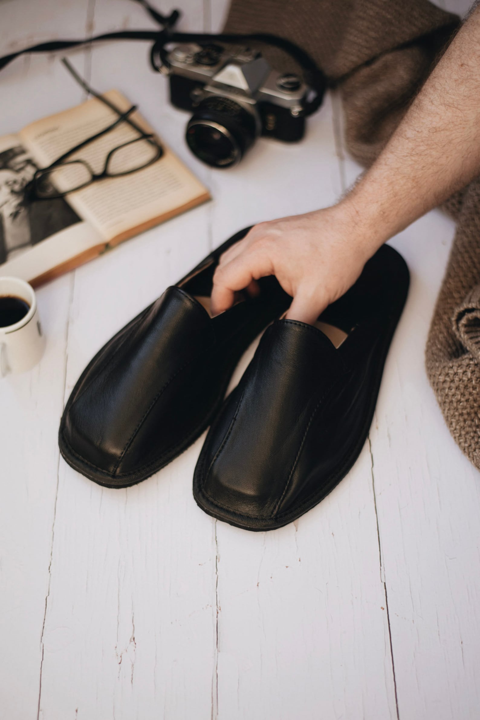 Men's Black Leather Slippers - Etsy UK