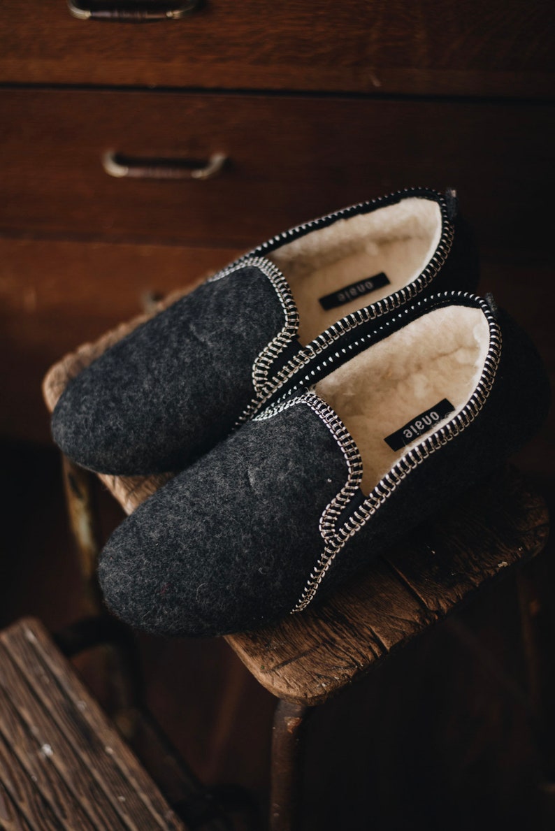 Men's Grey Felt Slippers Etsy
