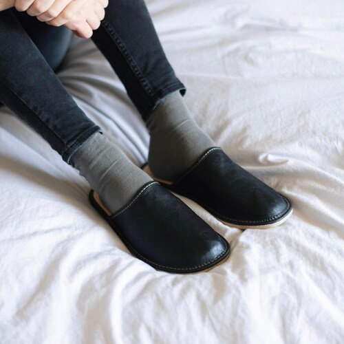 mens leather look slippers