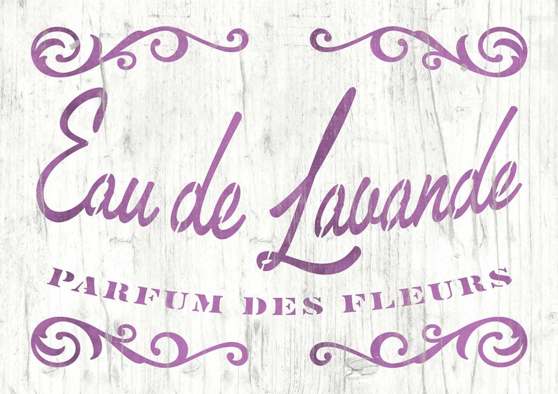 French Lavender perfume stencil vintage script label with ornaments shabby chic textile decoration nostalgic craft decor reusable image 2