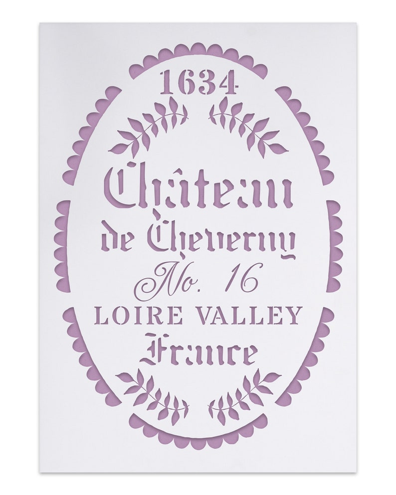 Französische Shabby Chic Vintage Schablone Schloss Chateau de Cheverny Frankreich Schild mit Nostalgischer Schrift DIY Möbelgestaltung Bild 1