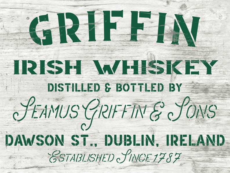 K&ouml;nnte beinhalten: Ein Schild im Vintage-Stil f&uuml;r Griffin Irish Whiskey, ein gr&uuml;n-wei&szlig;es Schild mit dem Text "GRIFFIN IRISH WHISKEY DISTILLED & BOTTLED BY SEAMUS GRIFFIN & SONS DAWSON ST., DUBLIN, IRELAND ESTABLISHED SINCE 1787".
