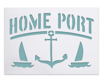 Home Port Stencil with Anchor and Sail Boats - Rustic Ocean Theme Decor DIY - Maritime Shabby Chic Vintage Sign for Boathouse or Beach Hut