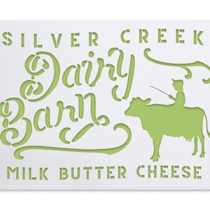 Dairy Barn vintage bord stencil met koeiensilhouet - idyllische landelijke stijl - boerderij bewegwijzering - nostalgisch script label - shabby chic ambachtelijk decor