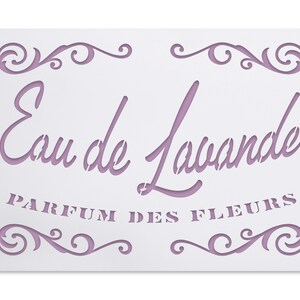 French Lavender perfume stencil  - vintage script label with ornaments - shabby chic textile decoration - nostalgic craft decor - reusable