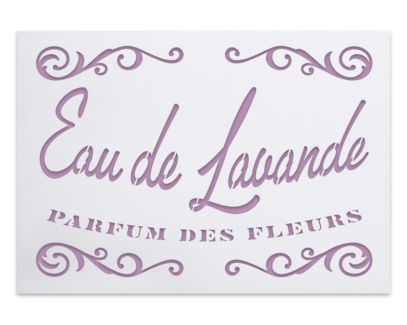 French Lavender perfume stencil vintage script label with ornaments shabby chic textile decoration nostalgic craft decor reusable image 1