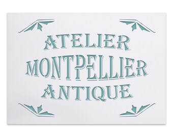Schablon Fransk Atelier Antik Montpellier - Vintage Shabby Chic Gammal Butiksskylt