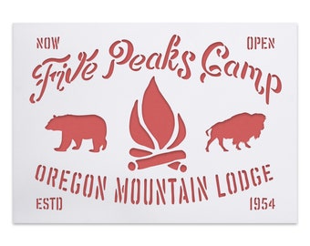 Rustic Stencil Five Peaks Camp - Vintage  Oregon Mountain Lodge Sign - Camp Fire Grizzly Bear Buffalo Silhouette - DIY Shabby Chic Decor