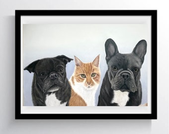 Triple subject Bespoke pastel pet portrait 50x60cms