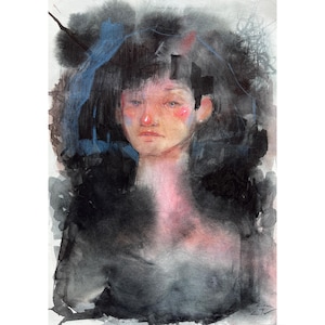Moody female portrait original painting with gold leaf shadows emotional watercolor art for collectors of mysterious expressive figurative