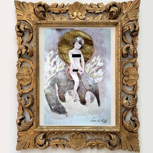 Niña jinete, niña sobre un oso hormiguero, animales de América, arte original, pintura con oro, tamaño extra grande, arte de colección, sobre la infancia