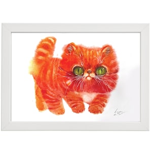 Ginger Kätzchen Aquarell Illustration niedliche Katze Kunst Originales Gemälde mit großen grünen Augen wunderliches Tierporträt für Tierliebhaber
