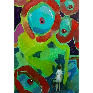 Dipinto botanico stravagante raffigurante una ragazza in giardino con fiori, opera d'arte originale surreale e colorata, acrilico e matita su carta senza cornice.