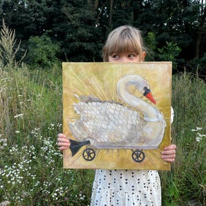 Vintage Swan Toy Painting on Canvas Original Acrylic Artwork Whimsical Bird on Wheels Surreal Gold Wall Art Unique Home Decor Unframed