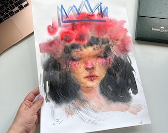 少女の肖像 水彩画 水彩画の少女の肖像画：夏の女王、花冠、ボヘミアン風の壁アート