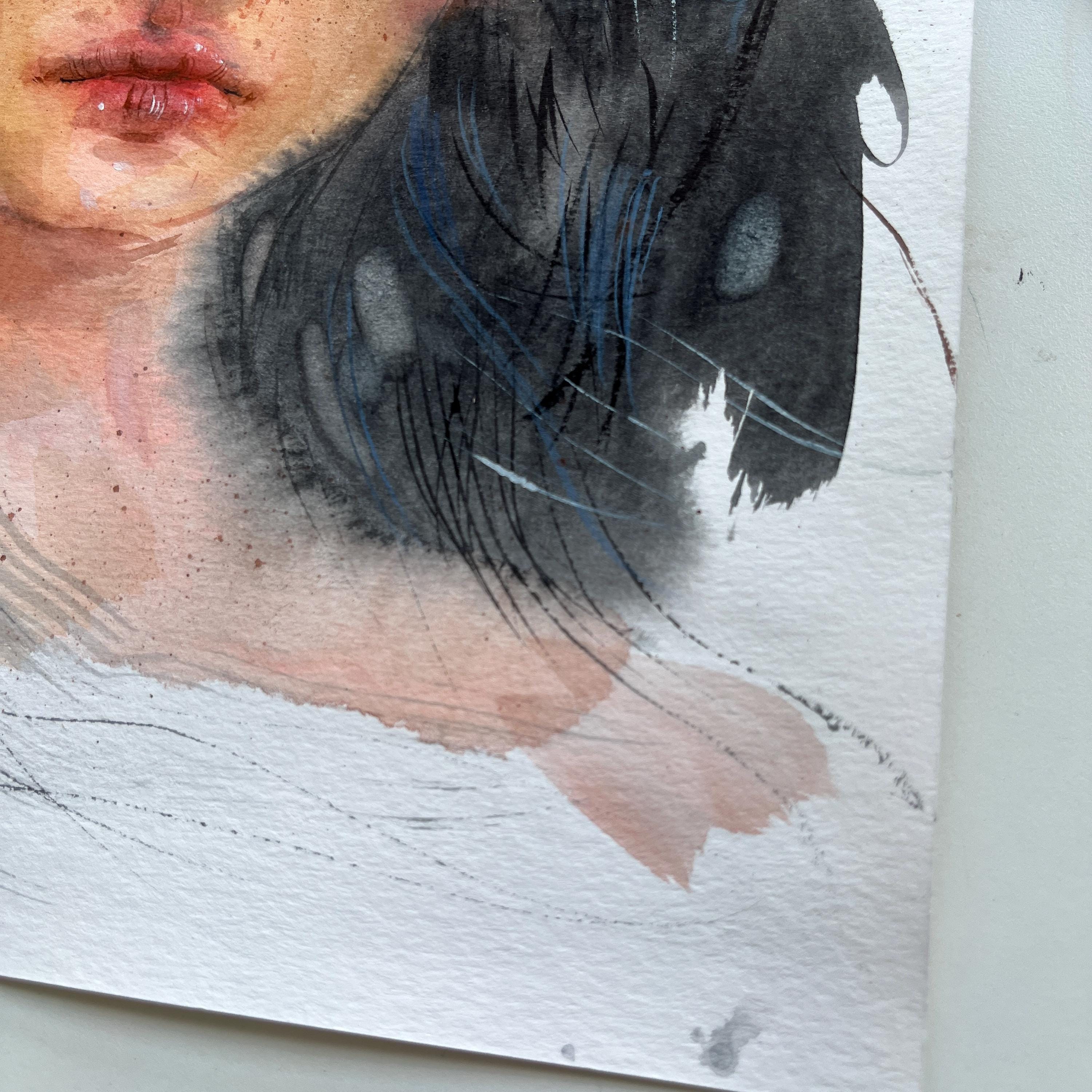 水彩画の少女の肖像画：夏の女王、花冠、ボヘミアン風の壁アート