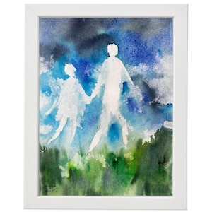 Ethereal Giant Figures Watercolor Painting Surreal Landscape Original Art of Boy and Girl in Mountains Framed or Unframed