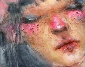 水彩画の少女の肖像画：夏の女王、花冠、ボヘミアン風の壁アート