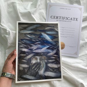 Silenzio, segreto, pittura mistica, mare blu profondo, sott'acqua, mare blu, arte dell'acquerello